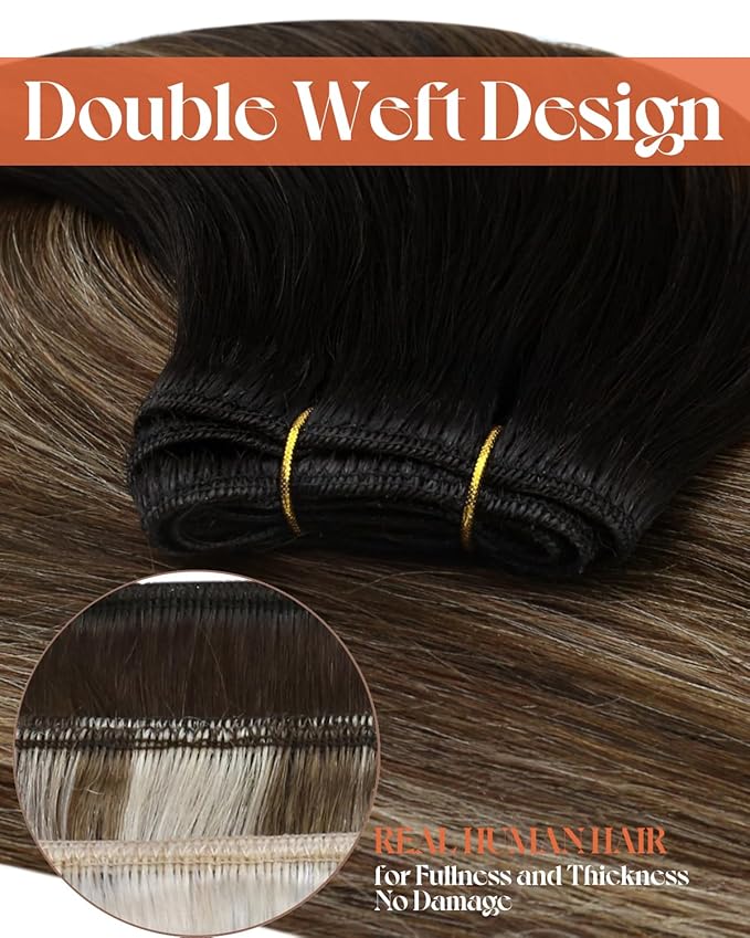 Sunny Hair Extensions Real Human Hair Weft Ombre Human Hair Sew in Extensions Black Roots to Brown Mix Light Blonde Sew in Weft Hair Extensions Human Hair Long Straight 20inch 100g