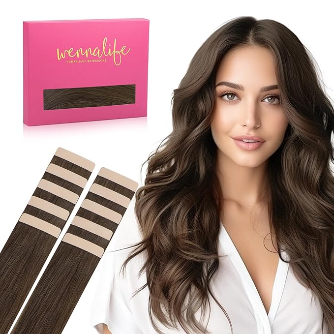 WENNALIFE Tape in Hair Extensions Human Hair Chocolate Brown Tape in Extensions, 10pcs 25g 14 inch Remy Invisible Tape Ins Straight Soft Real Human Hair Tape in Extensions Refill Set Extensions