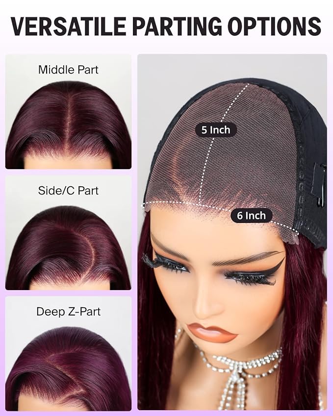 6x5 Ready to Go Glueless Wigs Human Hair Pre Plucked Pre Cut 220% Density Purplish 99J Burgundy Lace Front Wigs Bleached Knots Wig Human hair 20 Inch