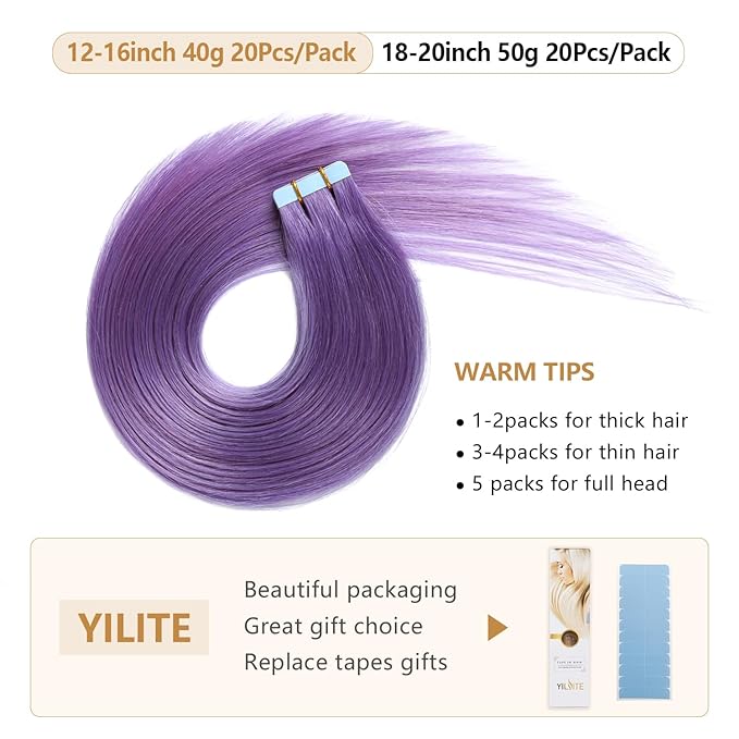 YILITE Purple Tape in Hair Extensions Remy Human Hair 20pcs 40g Tape Hair 16 inches