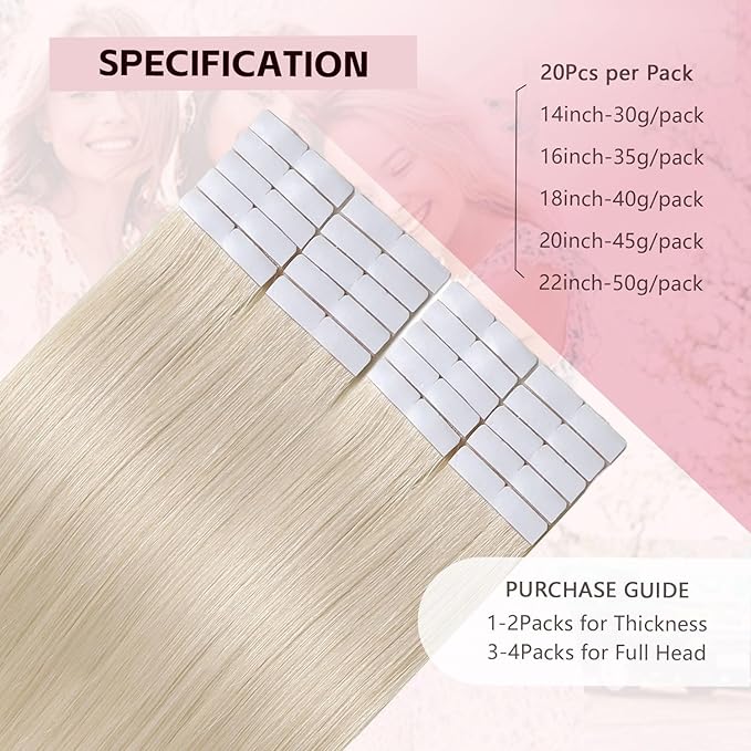 3rd-Generation Invisible Tape in Hair Extensions Real Human Hair #60 Platinum Blonde 20pcs 45g 20inch Seamless Injection Hand-Tied Invisi Edge Tape ins Extensions（#60-20inch）