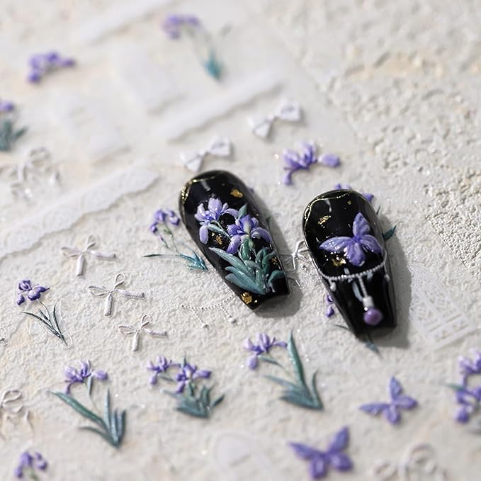 Flower Nail Sticker, 5D Embossed Iris Floral Nail Art Stickers Self-Adhesive Bows Butterfly Nail Decals for Women Nail Supplies Art Design Sticker(1, Iris Flower)
