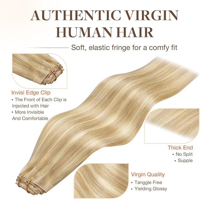 GOO GOO Invisi Edge Clip in Hair Extensions 14inch 130g 9Pcs Injected Seamless PU Clip in Hair Extensions, Virgin Real Human Hair, 18A/613A Dark Blonde Highlighted Bleach Blonde