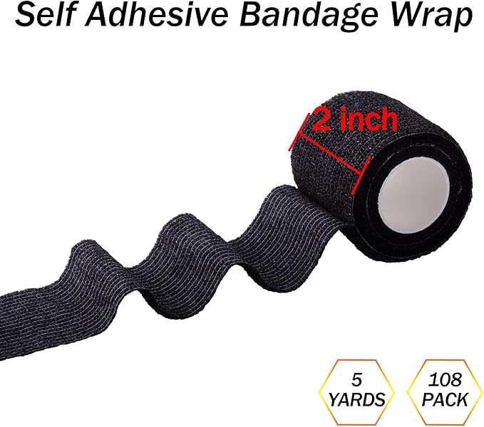 BQTQ 108 Rolls Self Adhesive Bandage - 2 Inch Black Self Stick Bandage Tape - Athletic Wraps for Wrist & Ankle - Swelling & Sprains (Black)