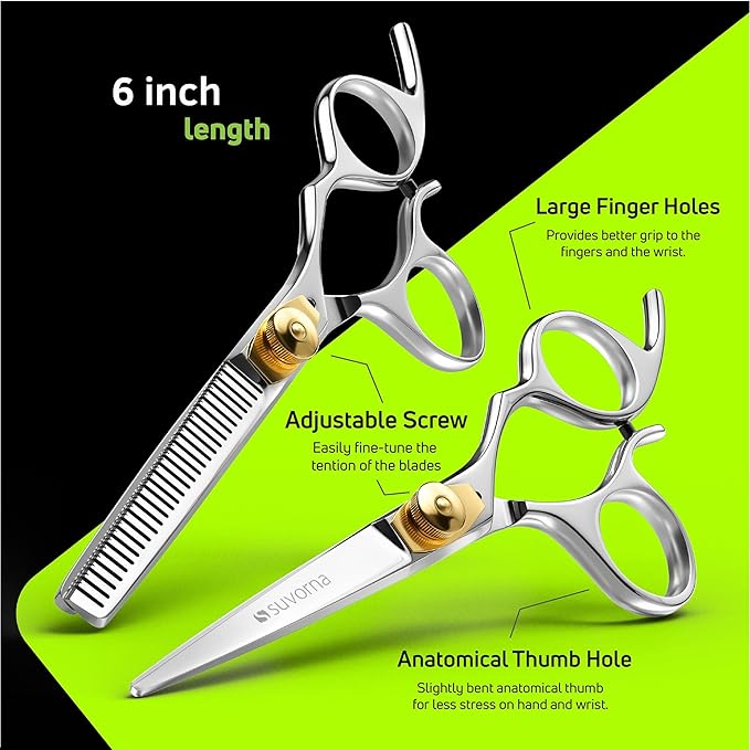Suvorna Hair Cutting Scissors and Thinning Shears Set - Professional Hair Scissors Set - Barber Scissors and Accessories - Made with 420C Japanese Stainless Steel and Extremely Razor Sharp Edge.