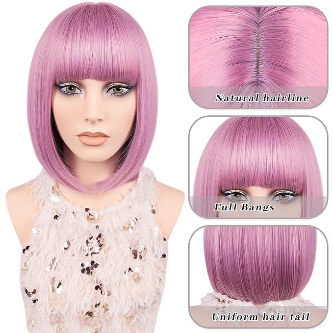 MAYSA Pink Bob Wig with Bangs Short Straight Bob Wig Womens Wigs 12in Cosplay Colorful Party Wigs # Purple Pink