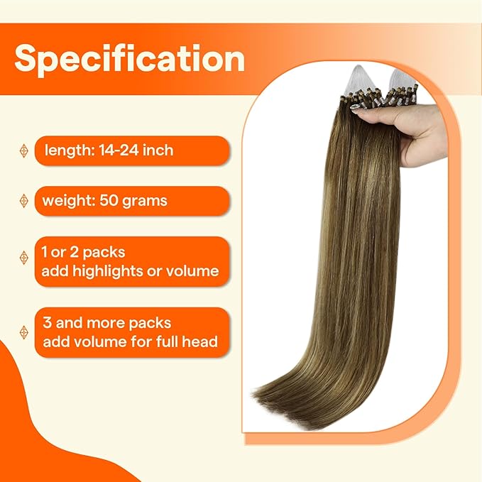 Full Shine Micro Loop Hair Extensions Human Hair 20 Inch 50G with 7G Micro Beads Medium Brown Fading to Blonde and Brown Cold Fusion Hair Extensions Long Straight Human Hair add Length