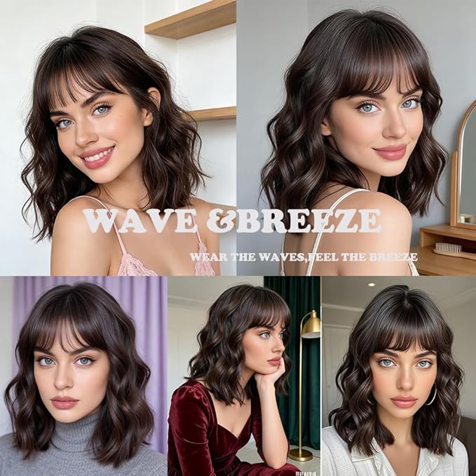 WAVE&BREEZE Brown Wig with Bangs Short Wavy Bob Wigs for Women 14 Inch Shoulder Length Natural Looking Synthetic Hair Replacement Wigs for Cosplay Party Use