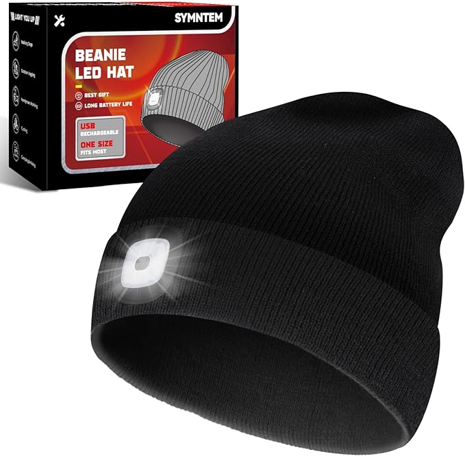 Unisex Beanie Hat with Light, Rechargeable Headlight Cap, Stocking Stuffers for Men, Cool Gadget Gifts for Him, Birthday Gifts for Women, Black
