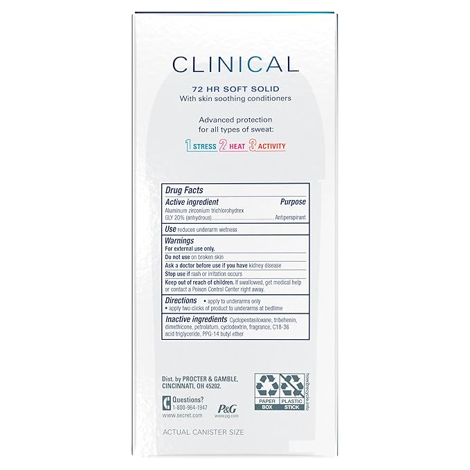 Secret Clinical Strength Antiperspirant Deodorant for Women, Free & Sensitive, 3X Stress Protection, 72hr Sweat & Odor Protection, PH Balancing Minerals, Invisible Solid, Unscented, 1.6 oz