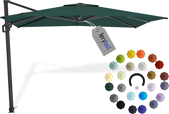 Midtown Umbrellas 9 x 9 Ft Outdoor Cantilever Patio Umbrella w/Terylast Forrest Dark Green Fabric - 360° Offset Patio Umbrella, Deck Patio Umbrella, Backyard Umbrella & Garden Umbrella - Black Frame