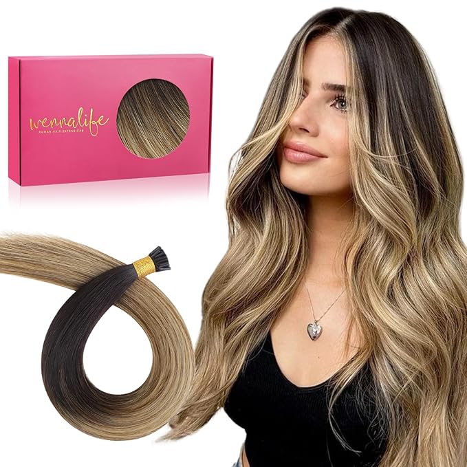 WENNALIFE I Tip Hair Extensions Human Hair, 50g 50s 18 Inch Dark Brown to Chestnut Brown and Dirty Blonde Highlighted Remy Itip Human Hair Extensions Invisible Itips Straight I Tips Fusion Extensions