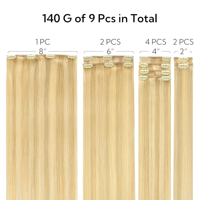 HOTBANANA Clip in Hair Extensions Real Human Hair, 135g 9pcs 18 inch Light Blonde Highlighted Golden Blonde Straight Remy Clip in Extensions Full Head for Women