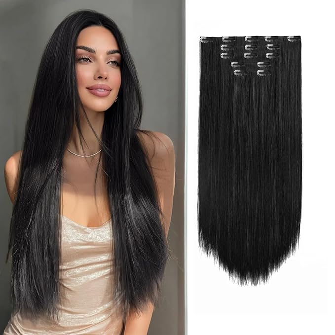 Natural Black Hair Extension Clips 26 Inch Long Invisible Straight Thick Synthetic Clip in Extensions Ins 5PCS Easy Installation Fake Soft Hairpieces for Women Weddings Party Daily Use 8.1 Oz
