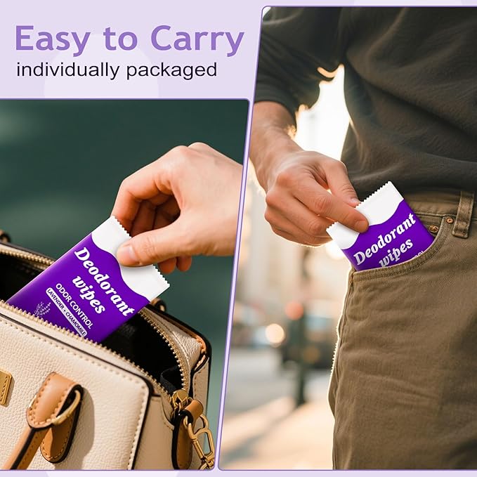 Travel Deodorant Body Shower Wipes Deodorizing Bathing Wipes, Disposable No Rinse Adults Women Men Individually Wrapped Underarm Sweat Antiperspirant Bath Wipe for Travel Camping Gym (Purple, 50 Pack)