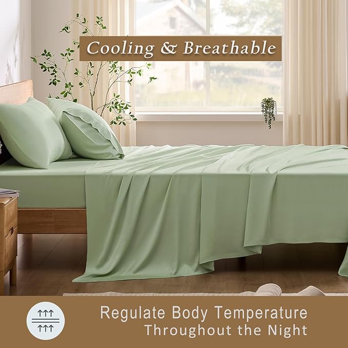 TOSMO Luxury Cooling Sheet Set - 100% Viscose from Bamboo, 3-Piece Bedding Set (Twin Size) - 18” Extra Deep Pockets, Oeko-Tex Certified, Silky Soft and Breathable, Light Green