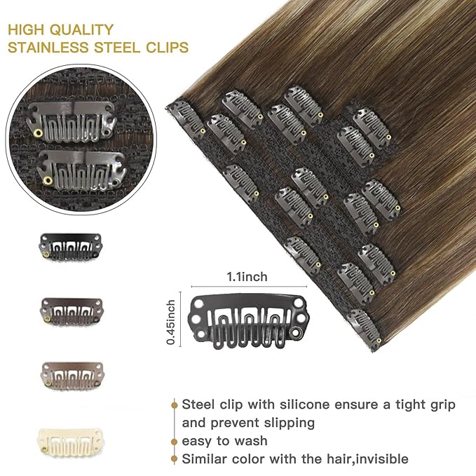 Clip in Hair Extensions Ombre Real Human Hair Clip in Walnut Brown to Ash Brown Mix Light Blonde Balayage Remy Hair Extensions Double Weft For women 14inch 7Pcs 105G