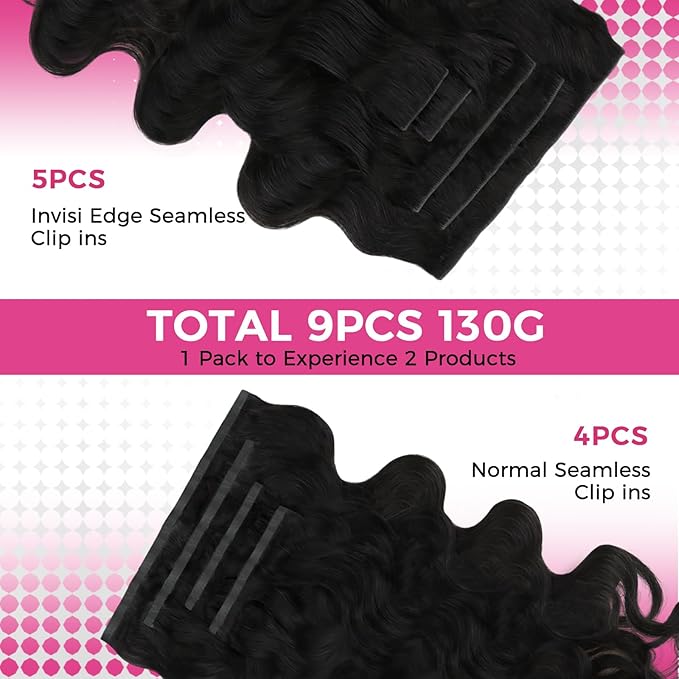Lashey Invisi Edge & Seamless Clip in Hair Extensions Human Hair, 14 Inch 130g 9pcs(5pcs Invisi Edge& 4pcs Seamless) Real Virgin Human Hair Extensions, Natural Black Body Wave Hair