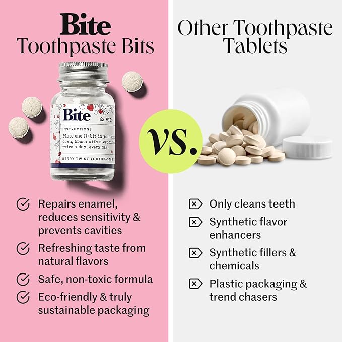 Bite Whitening Toothpaste Tablets (2 Months) – Fluoride Free, Nano Hydroxyapatite + Xylitol, Berry Twist – Vegan, Cruelty-Free, Made in USA, Sensitive Teeth, Travel Size, (2 Bottles, 124 Tabs)