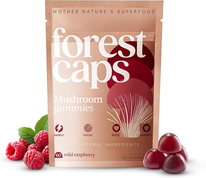 Forest Caps Mushroom Gummies – Lion’s Mane, Reishi & Cordyceps – Focus, Calm & Natural Energy – Organic Fruiting Body Extracts – Vegan, All Natural, Made in USA – 60 Count