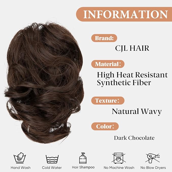 CJL HAIR Claw Clip Short Ponytail Hair Extensions DIY Bendable Metals Messy Bun Hair Piece for Wonen Wavy Curly Synthetic Fake Hairpieces Dark Chocolate