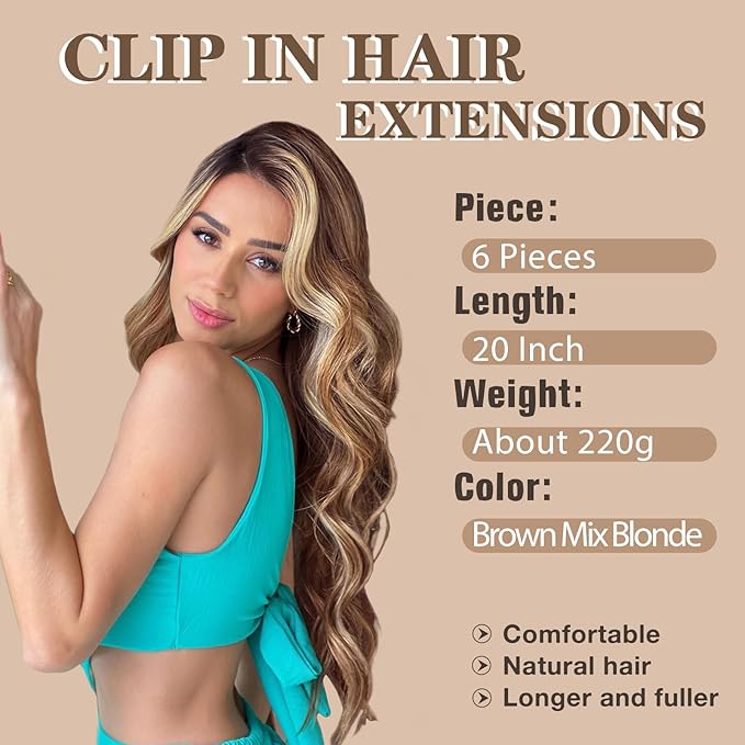 NAYOO Clip in Hair Extensions for Women 20 Inch Long Wavy Curly Brown Mix Blonde Hairpieces Full Head Synthetic Hairpieces (6PCS, Brown Mix Blonde)