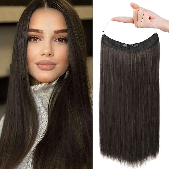 REECHO Invisible Wire Hair Extensions with Transparent Headband Adjustable Size Removable Secure Clips in Straight Secret Hairpiece for Women (24 Inch (Pack of 1), Cool Dark Brown)