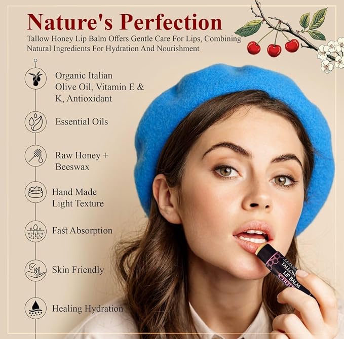 Tallow Lip Balm (5 Pack) - Hydrating With Organic Italian Olive Oil, Pure Grass Fed Tallow, and Beeswax - Long Lasting Lip Therapy (Unscented)