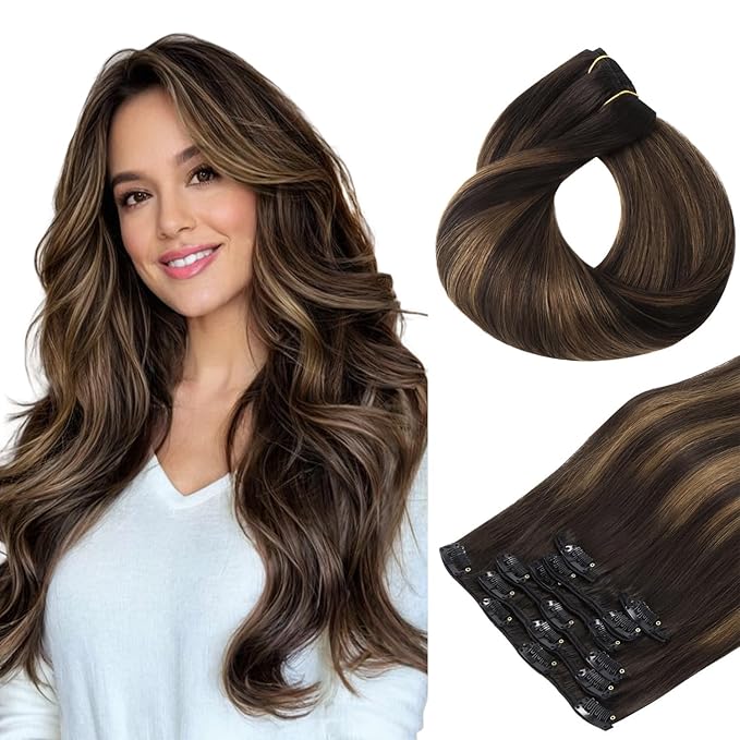 HOTBANANA Human Hair Clip in Hair Extensions, Balayage Dark Brown Mixed Chestnut Brown 120g Clip in Hair Extensions Real Human Hair Straight Remy Hair Clip Ins Dark Roots Ombre 20 Inch 7pcs