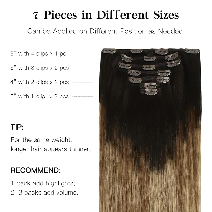 HOTBANANA Human Hair Clip in Hair Extensions, Dark Brown to Chestnut Brown and Dirty Blonde Highlighted 120g Clip in Hair Extensions Real Human Hair Straight Remy Hair 20 Inch 7pcs