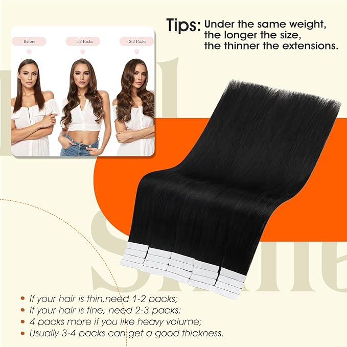 Full Shine Black Tape in Hair Extensions Human Hair Color 1B Off Black Tape in Extensions Remy Seamless Skin Weft 20Inch Brazilian Extension 100G 40Pcs for Bridal Hairstyles