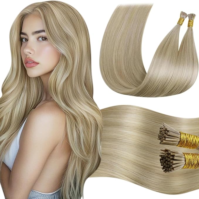 LaaVoo Itip Human Hair Extensions Blonde I Tip Hair Extensions Human Hair Light Blonde Highlights Golden Blonde Itip Extensions Human Hair 18 Inch 1g/s 50 strands