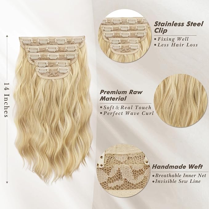 BARSDAR Light Ash Blonde Mix Clip in Hair Extensions - 14 Inch Wavy Blonde Clip in Hair Extensions for Women - 5PCs Thick Soft Synthetic Hairpieces Daily Party Halloween