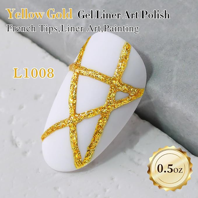 Double Rhythm 15 Ml Metallic Gel Liner Nail Art Gel Bronze Mirror Chrome Painted Drawing Stripper 3D Effect Gel Polish (Glitter Yellow Gold-L1008)