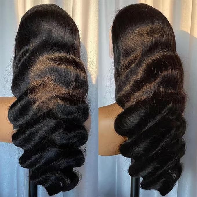 32 Inch 13x6 Lace Front Wigs Human Hair Pre Plucked 200% Density Body Wave Lace Front Glueless Wig human hair with Baby Hair for Women Natural Black