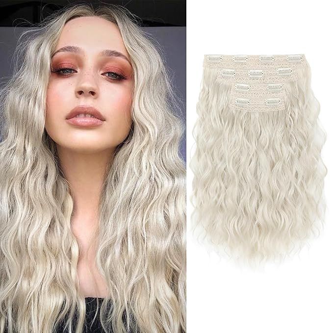 REECHO Clip in Hair Extensions, 4PCS Hair Extensions 14" Short Wavy Invisible Lace Weft Natural Soft Hairpieces for Women – Platinum Blonde