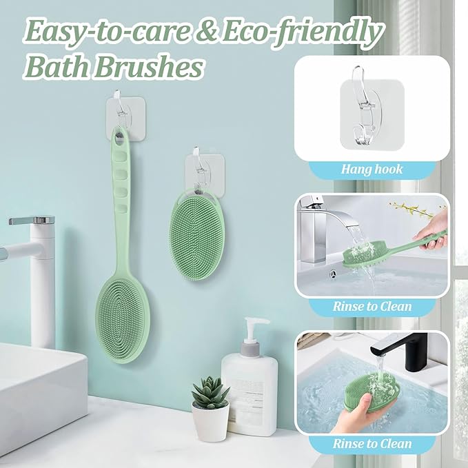 Silicone Back & Body Scrubber Set 2PCS, 13.4'' Gentle Exfoliating Back Scrubber with Dual-Side Head and Non-Slip Handle, Hygienic Silicone Loofah with Soft Bristles and Massage Dots(Green-2PC)