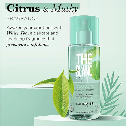 Solinotes White Tea Body Mist – Alcohol-Free, Long-Lasting Fragrance Spray with Bergamot,Cardamom, Sage, Osmanthus, & White Musk – Clean, Cruelty-Free Hair & Body Perfume Spray for Women (8.45 Fl Oz)