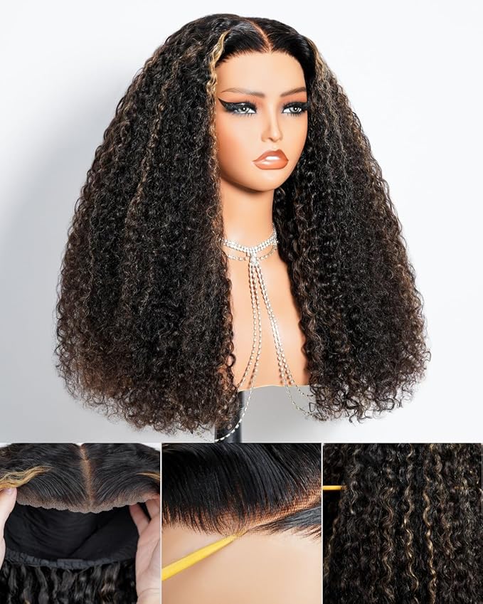 Megalook Highlight Wigs Human Hair Glueless Wear and Go 5x6 Deep Wave Human Hair Wig Pre Plucked Pre Cut Pre Bleached 210 Density Wet and Wavy Human Hair Closure Wig for Black Women 26 Inch 1B/27