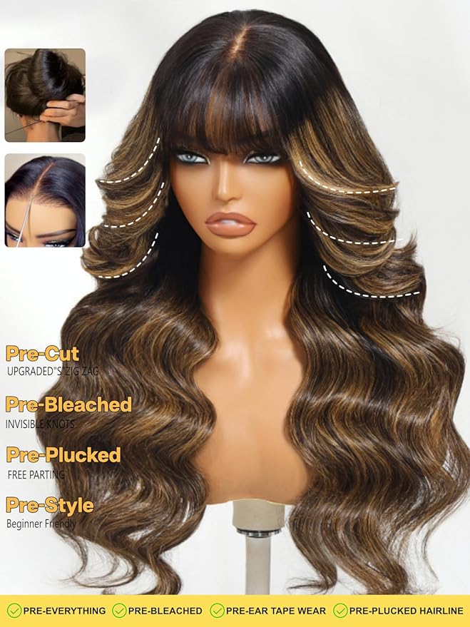 Sunber Ombre Brown Highlight Balayage Loose Body Wave With Bangs Glueless Wigs Pre cut 7x5 HD Lace Front Bye Bye Knots Drawstring Wig 18Inch Put On Go Pre Plucked Bleached Invisible Knots 180% Density