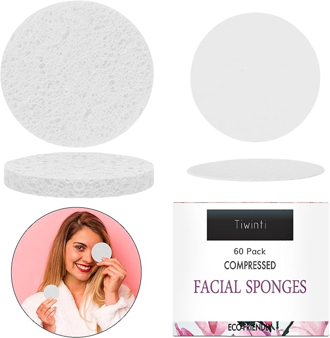 60 Count Compressed Facial Sponges - Natural Wood Pulp Round Esthetician Face Sponges for Cleansing, Daily Face Washing, Exfoliating Makeup, and Mask Removal (White)
