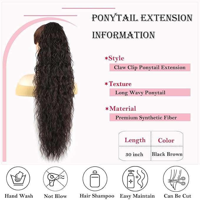 ENBEAUTIFUL 30" Claw Clip Ponytail Extension Long Wavy Ponytail Extension Synthetic Pony Tails Hair Extensions Clip in Hair pieces Fluffy Natural Looking for Women Black Brown