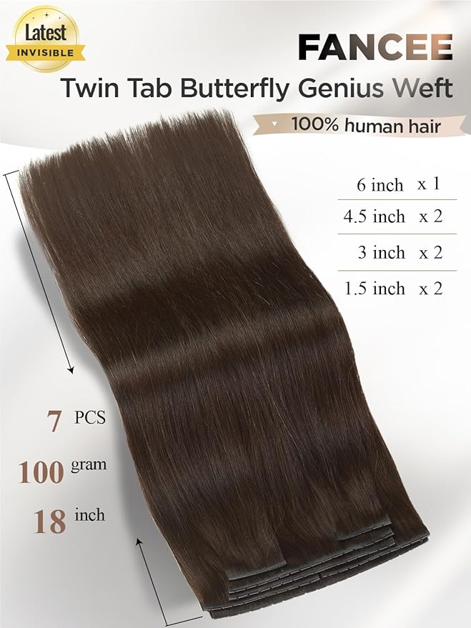 Twin Tab Butterfly Genius Weft Human Hair Extensions Latest Double Invisible Real 100% Remy Human Hair Weft with Micro Bead Simulated Scalp Hair Extensions 100g 7ps 18 Inch Brown