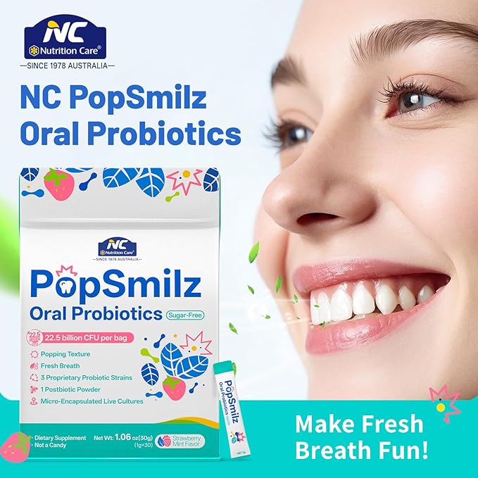 22.5 Billion CFU Oral Probiotics, 3 Strains (AP-32, ET-66, LPL28), Sugar-Free Strawberry Mint Powder with Fizz, Instant Bad Breath Freshener & Gum Health Support, Just Pour in Mouth