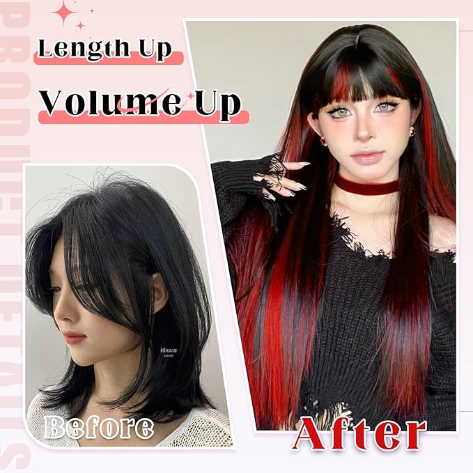Vigorous Clip in Hair Extensions Straight 4Pcs Black Mix Red Highlights Hair Extension 22 Inch Soft Full Head Weddings Party Daily Use for Women