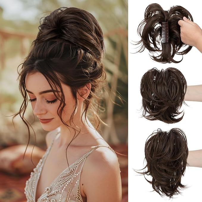 CJL HAIR Claw Clip Short Ponytail Hair Extensions DIY Bendable Metals Messy Bun Hair Piece for Wonen Straight Synthetic Fake Hairpieces Dark Chocolate