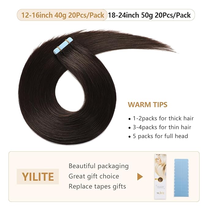 YILITE Tape In Hair Extensions Human Hair 16 Inch 20pcs Invisible Tape In Human Hair Extensions Off Black 40g Silky Straight Human Hair Seamless Remy Hair Tape Ins