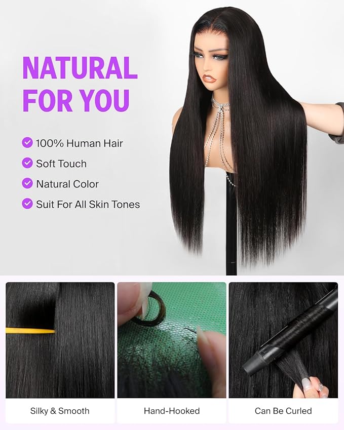 6x5 HD Lace Closure Wig - 26 Inch Straight Human Hair Wig Glueless Wear and Go with Pre Plucked Hairline & Pre Bleached Knots