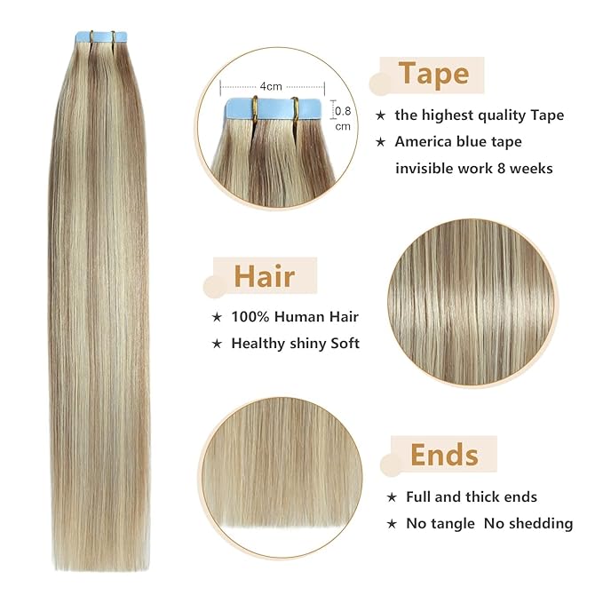 YILITE Tape in Remy Hair Extension Color 18 Ash Blonde Highlighted 613 Bleach Blonde Hair Extensions, #P18/613 Ash Blonde Highlighted Bleach Blonde(24inch P18/613)