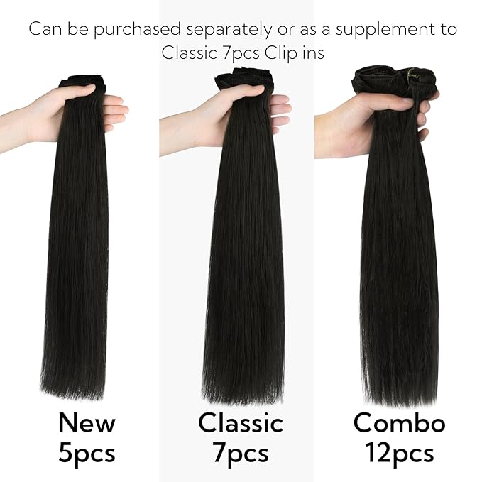 HOTBANANA Real Human Hair Clip in Hair Extensions, 5Pcs 70g 16 Inch Natural Black Straight Remy Clip in Extensions